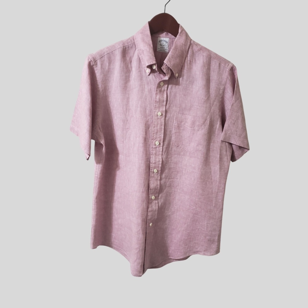 Brooks Brothers Mens Regent Linen Short Sleeve Button Down Shirt Pink Medium